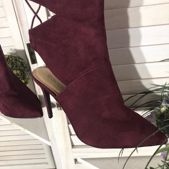 Shoedazzle Over-the-Knee Boots Soft Faux Suede Cut-Out Details Burgundy Red W 11
