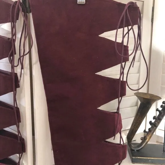 Shoedazzle Over-the-Knee Boots Soft Faux Suede Cut-Out Details Burgundy Red W 11