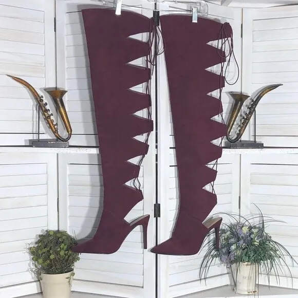 Shoedazzle Over-the-Knee Boots Soft Faux Suede Cut-Out Details Burgundy Red W 11