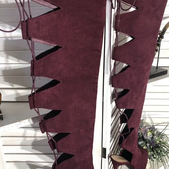 Shoedazzle Over-the-Knee Boots Soft Faux Suede Cut-Out Details Burgundy Red W 11