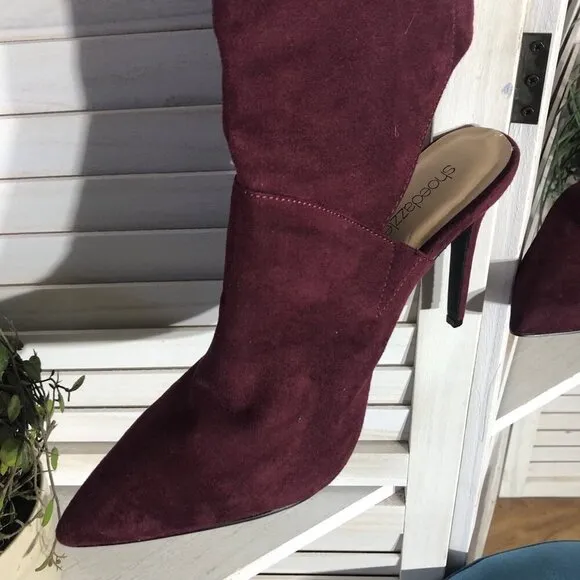 Shoedazzle Over-the-Knee Boots Soft Faux Suede Cut-Out Details Burgundy Red W 11