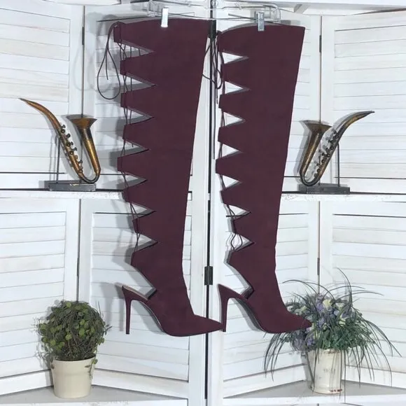 Shoedazzle Over-the-Knee Boots Soft Faux Suede Cut-Out Details Burgundy Red W 11