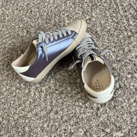 Shu Shop Mia Teal Star Sneakers Shoes Gray Leather Size 6.5 New