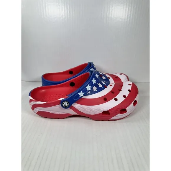 Size 11 Mens Crocs Classic American Flag Clog 205974-90H USA Red White Blue NEW