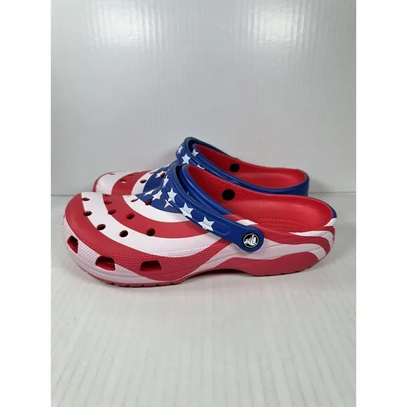 Size 11 Mens Crocs Classic American Flag Clog 205974-90H USA Red White Blue NEW