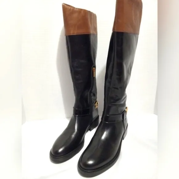 Size 8.5 Vince Camuto Black and Brown Leather Bridle Bit Knee High Boots