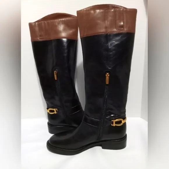 Size 8.5 Vince Camuto Black and Brown Leather Bridle Bit Knee High Boots