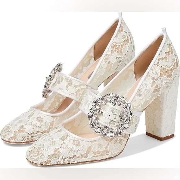 SJP BY SARAH JESSICA PARKER CELINE WHITE LACE RHINESTONE PUMPS 35.5 5.5