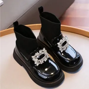 Slip on Shoes For Girls Featuring Glossy PU Material And Crystal Flower Design
