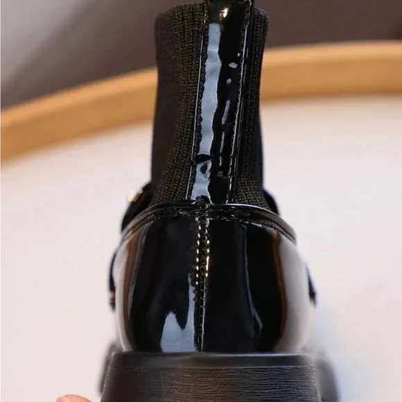 Slip on Shoes For Girls Featuring Glossy PU Material And Crystal Flower Design