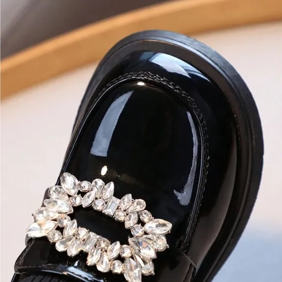 Slip on Shoes For Girls Featuring Glossy PU Material And Crystal Flower Design