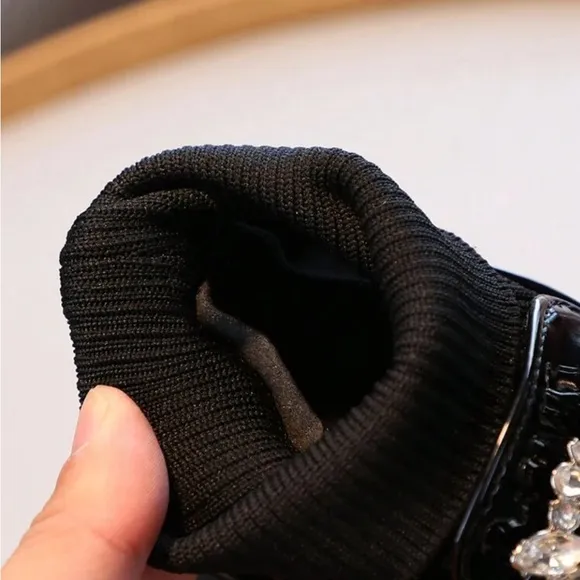 Slip on Shoes For Girls Featuring Glossy PU Material And Crystal Flower Design