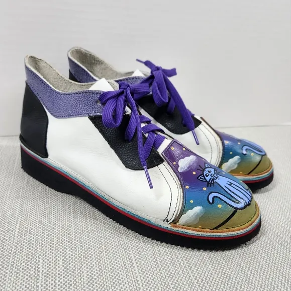 Soletech size 9 lace up leather shoes hand painted cat multicolor
