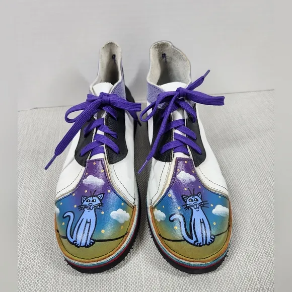 Soletech size 9 lace up leather shoes hand painted cat multicolor