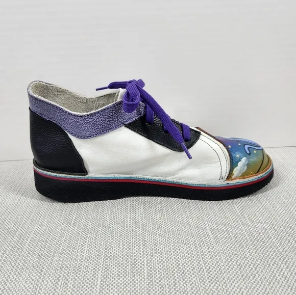 Soletech size 9 lace up leather shoes hand painted cat multicolor