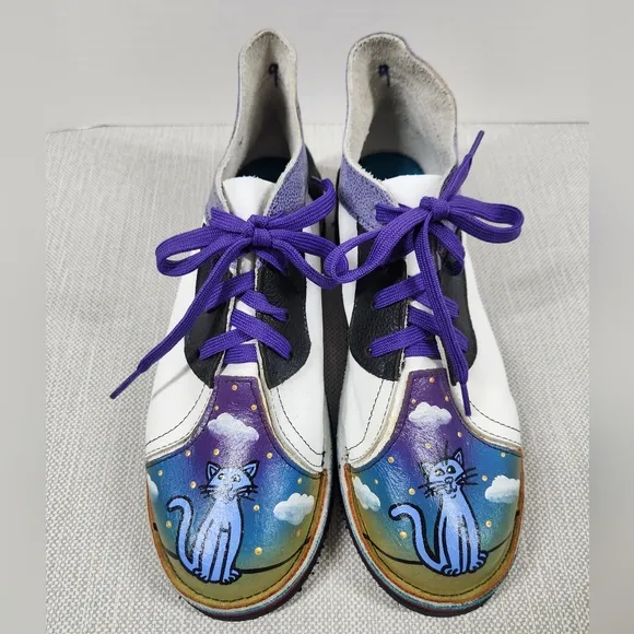 Soletech size 9 lace up leather shoes hand painted cat multicolor