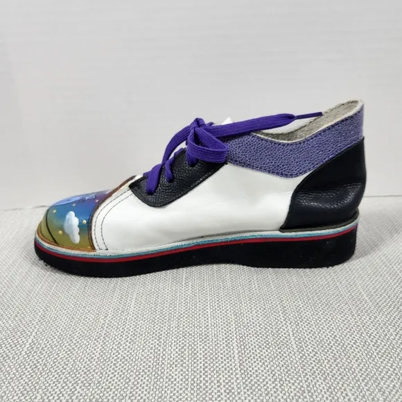Soletech size 9 lace up leather shoes hand painted cat multicolor
