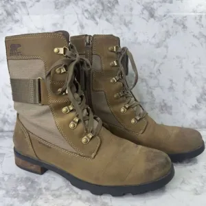 Sorel Emelie Conquest‎ WOMENS Sz 10 Brown Leather Lace Up Side Zip Combat Boots
