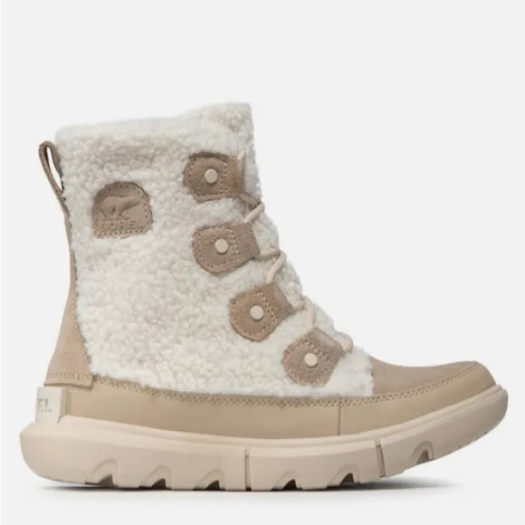 Sorel Explorer II Joan Cozy Boots Fossil cream waterproof suede shearling 10