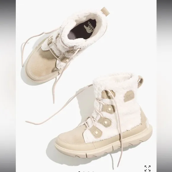 Sorel Explorer II Joan Cozy Boots Fossil cream waterproof suede shearling 10