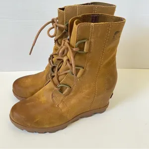 Sorel Joan Of Arctic Wedge Boots Lace Up Leather Camel Neutral Color Size 7