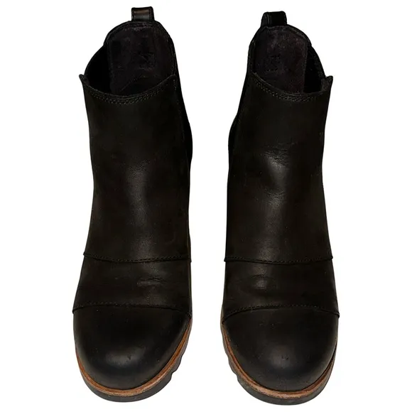 Sorel Lea Wedge Leather Booties in Black Matte Finish