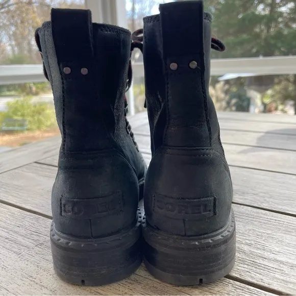 Sorel Lennox Shearling Black Leather Lace Up Boots Womens Size 10