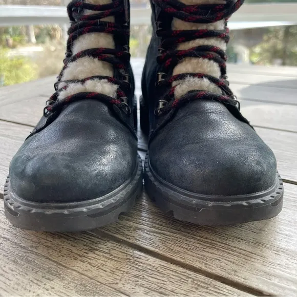 Sorel Lennox Shearling Black Leather Lace Up Boots Womens Size 10