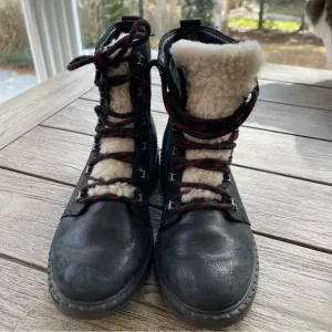 Sorel Lennox Shearling Black Leather Lace Up Boots Womens Size 10