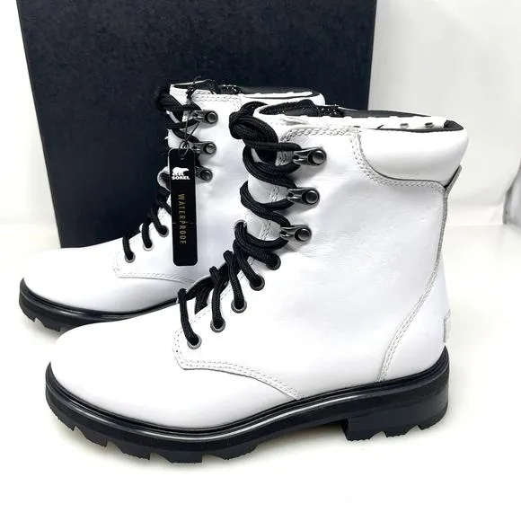 Sorel Lennox Waterproof Lace-Up Boots White and Black Size 8.5 New Retail $190