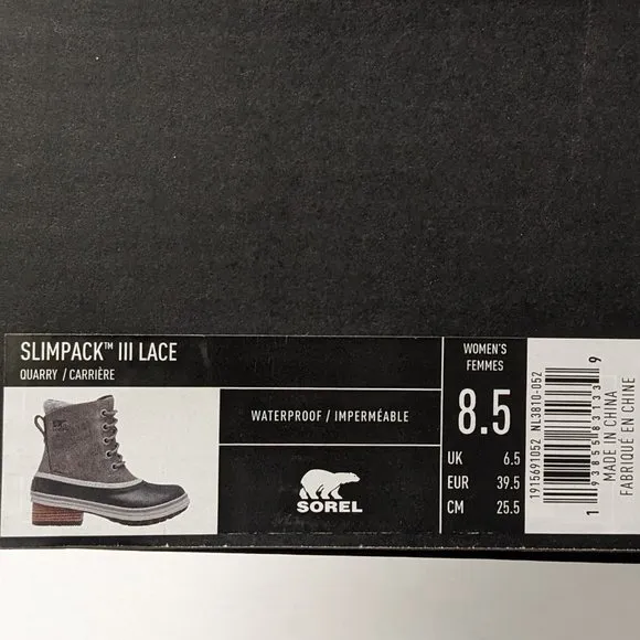 Sorel Slimpack III Lace Winter Boots, Grey Leather, Women's 8.5 M