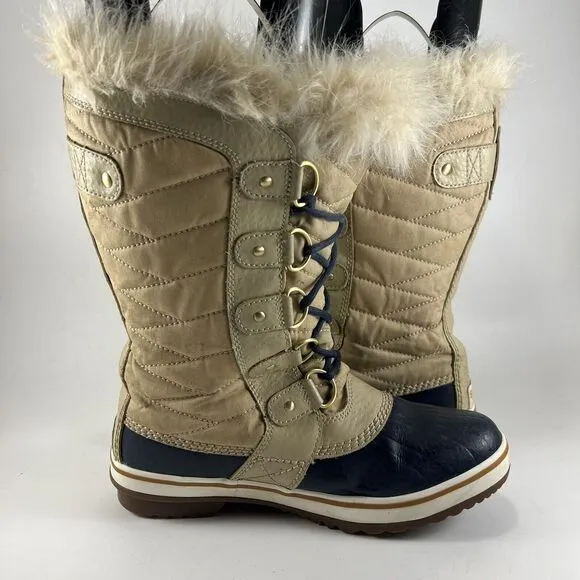 Sorel Tofino II Waterproof Boots Beige Womens Size 7 Tall Faux Fur Winter Snow