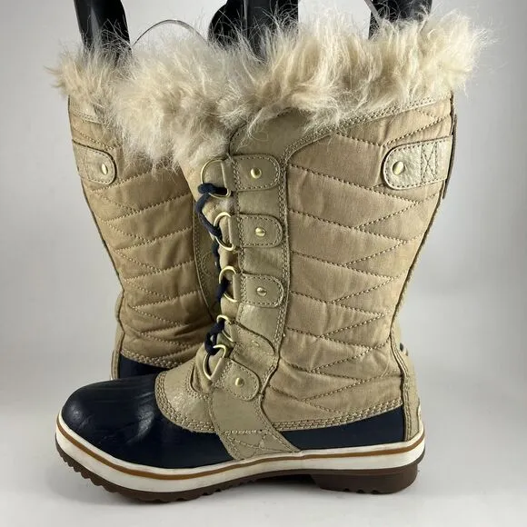 Sorel Tofino II Waterproof Boots Beige Womens Size 7 Tall Faux Fur Winter Snow