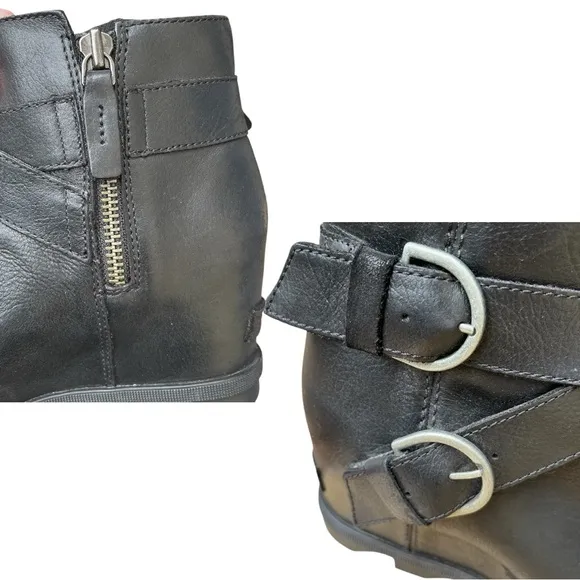 Sorel Wm’s Joan Of Arctic Wedge II Buckle Boots In Black Leather Sz 8