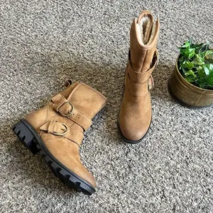 Sorel Womens Camel Suede Leather Phoenix Boots Moto Waterproof Buckle 5.5 New