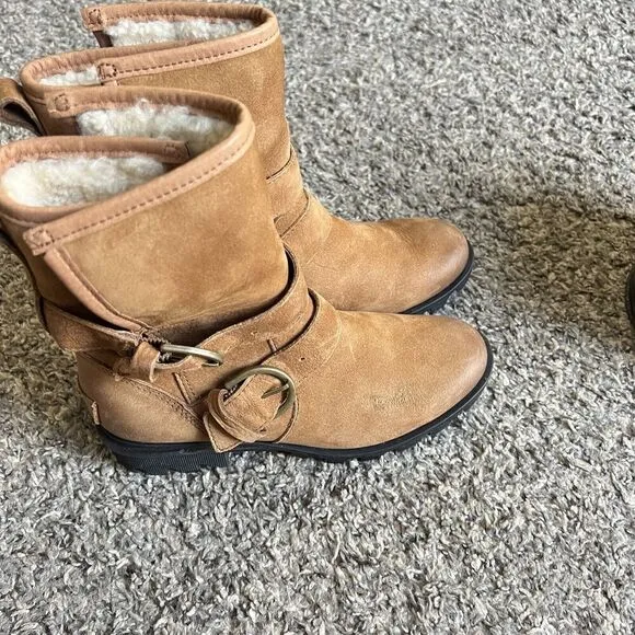 Sorel Womens Camel Suede Leather Phoenix Boots Moto Waterproof Buckle 5.5 New