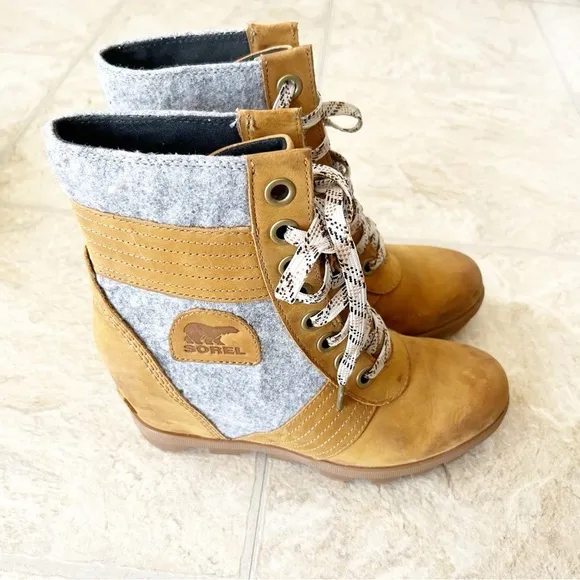 Sorel Womens Lace Up Lexie Wedge Bootie Boots Camel Brown Leather Size 7.5