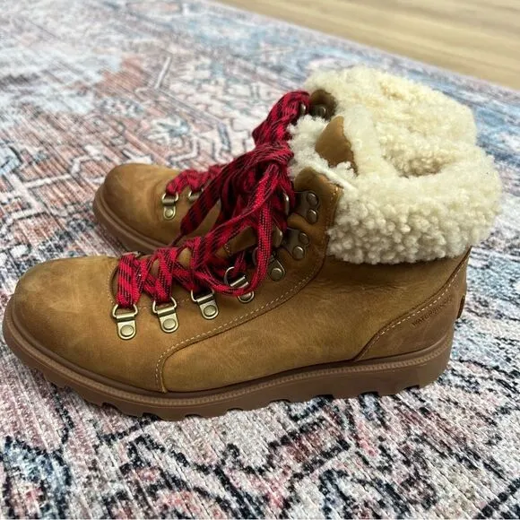 Sorel Ainsley Conquest Brown Boots Shearling Waterproof Leather High Top Boot 8