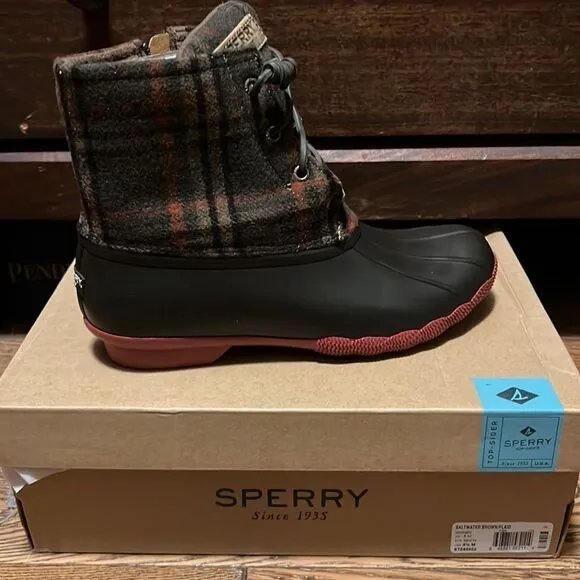 Sperry Saltwater Prints Boots Brown Plaid Fisherman Core Size 8.5