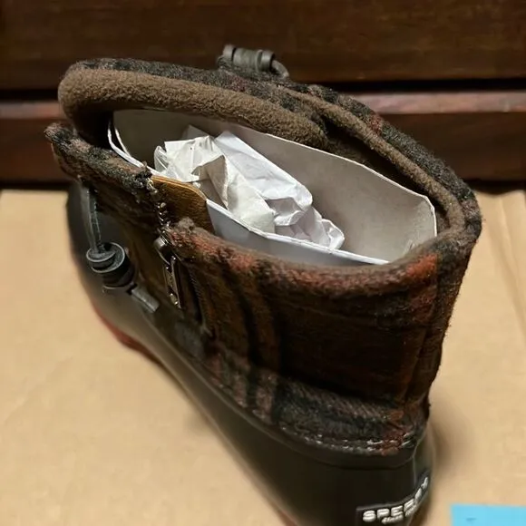 Sperry Saltwater Prints Boots Brown Plaid Fisherman Core Size 8.5