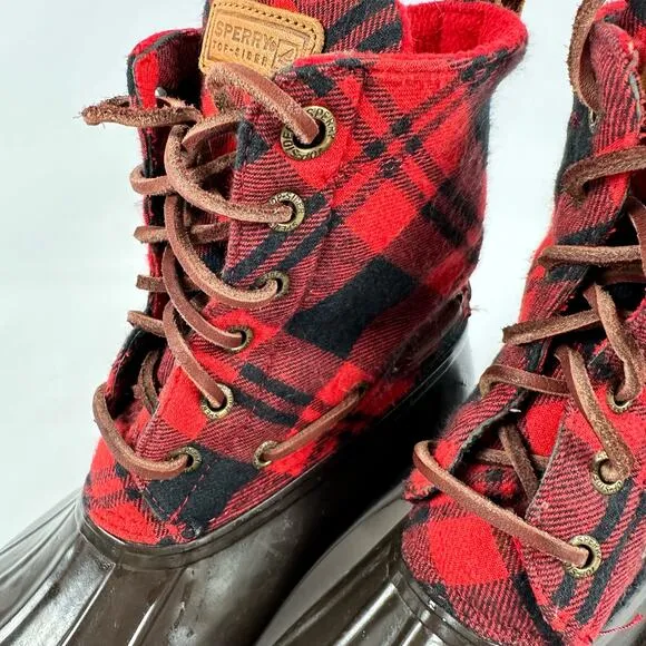Sperry Top Sider Women’s Red and Black Buffalo Plaid Rubber Duck Boots Size 7