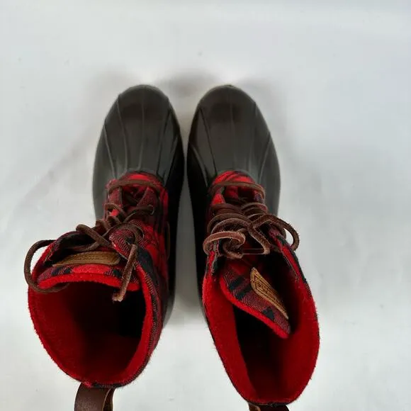 Sperry Top Sider Women’s Red and Black Buffalo Plaid Rubber Duck Boots Size 7