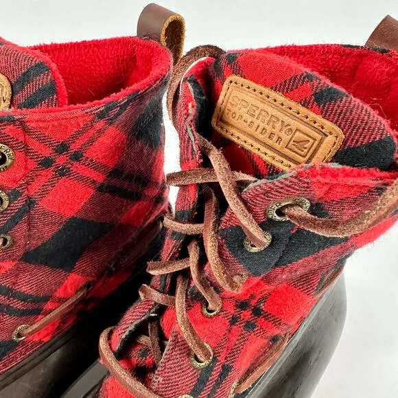 Sperry Top Sider Women’s Red and Black Buffalo Plaid Rubber Duck Boots Size 7