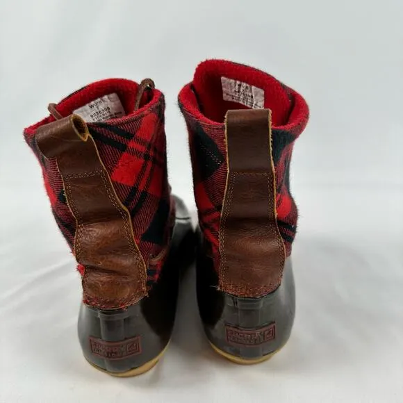 Sperry Top Sider Women’s Red and Black Buffalo Plaid Rubber Duck Boots Size 7
