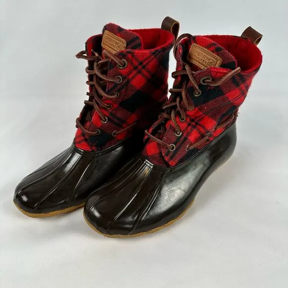 Sperry Top Sider Women’s Red and Black Buffalo Plaid Rubber Duck Boots Size 7