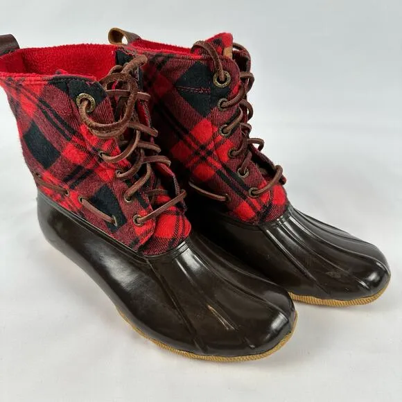 Sperry Top Sider Women’s Red and Black Buffalo Plaid Rubber Duck Boots Size 7