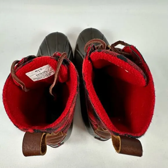 Sperry Top Sider Women’s Red and Black Buffalo Plaid Rubber Duck Boots Size 7