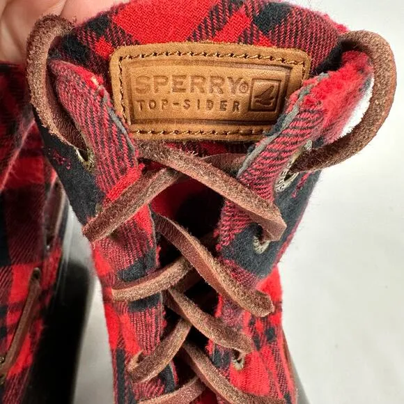 Sperry Top Sider Women’s Red and Black Buffalo Plaid Rubber Duck Boots Size 7