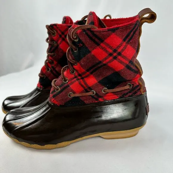 Sperry Top Sider Women’s Red and Black Buffalo Plaid Rubber Duck Boots Size 7