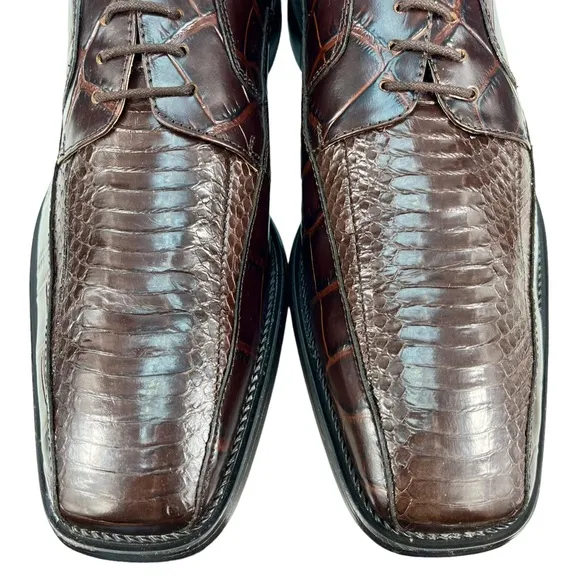 Stacy Adams | Mens 9 1/2M | Genuine Snake &amp; Leather Brown Square Toe Derby Shoes
